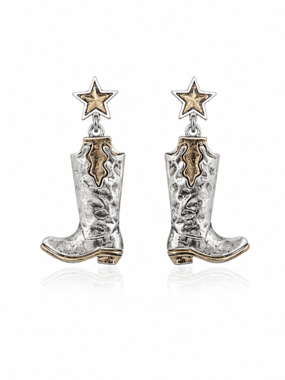Silver Cowboy Boot Star Drop Earrings
